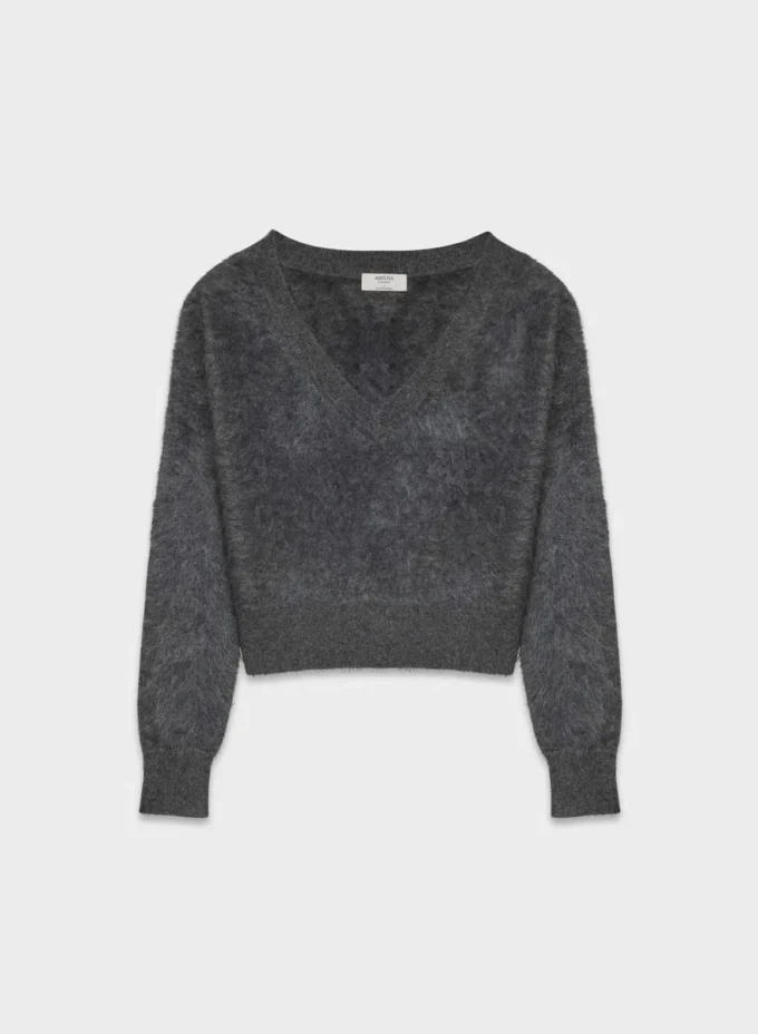 Brushed Cashmere Shrunken V-neck Sweater